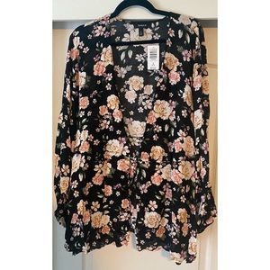Black Floral Crepe Tie-Front Kimono